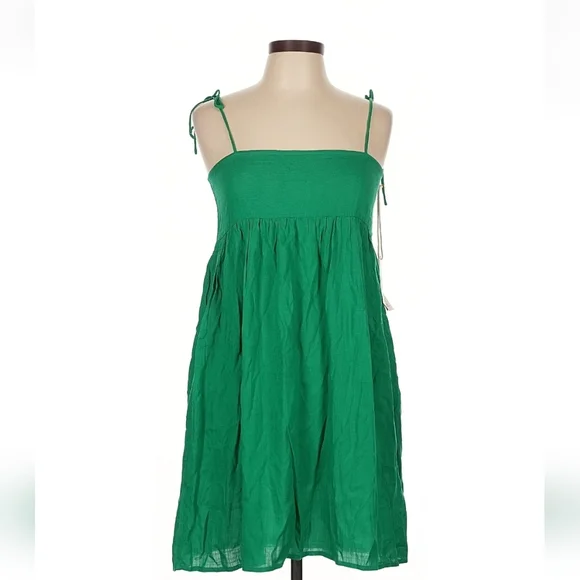 Linen & Life Green Linen Babydoll Mini Dress Size 10 Bow Straps Tropical Luxury - Picture 2 of 9